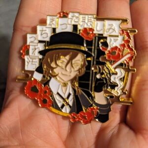Anime Character Enamel Pin with Red Flowers